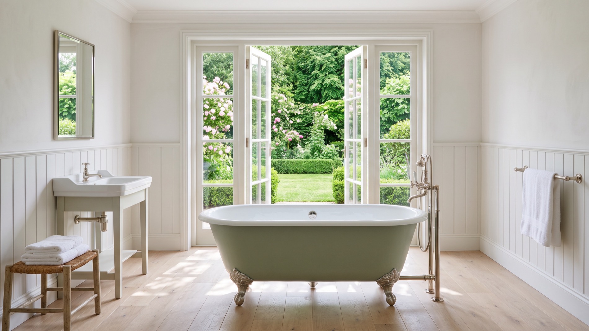 An English country-house bathroom, a sage green roll-top bath before garden doors standing open onto a lawn