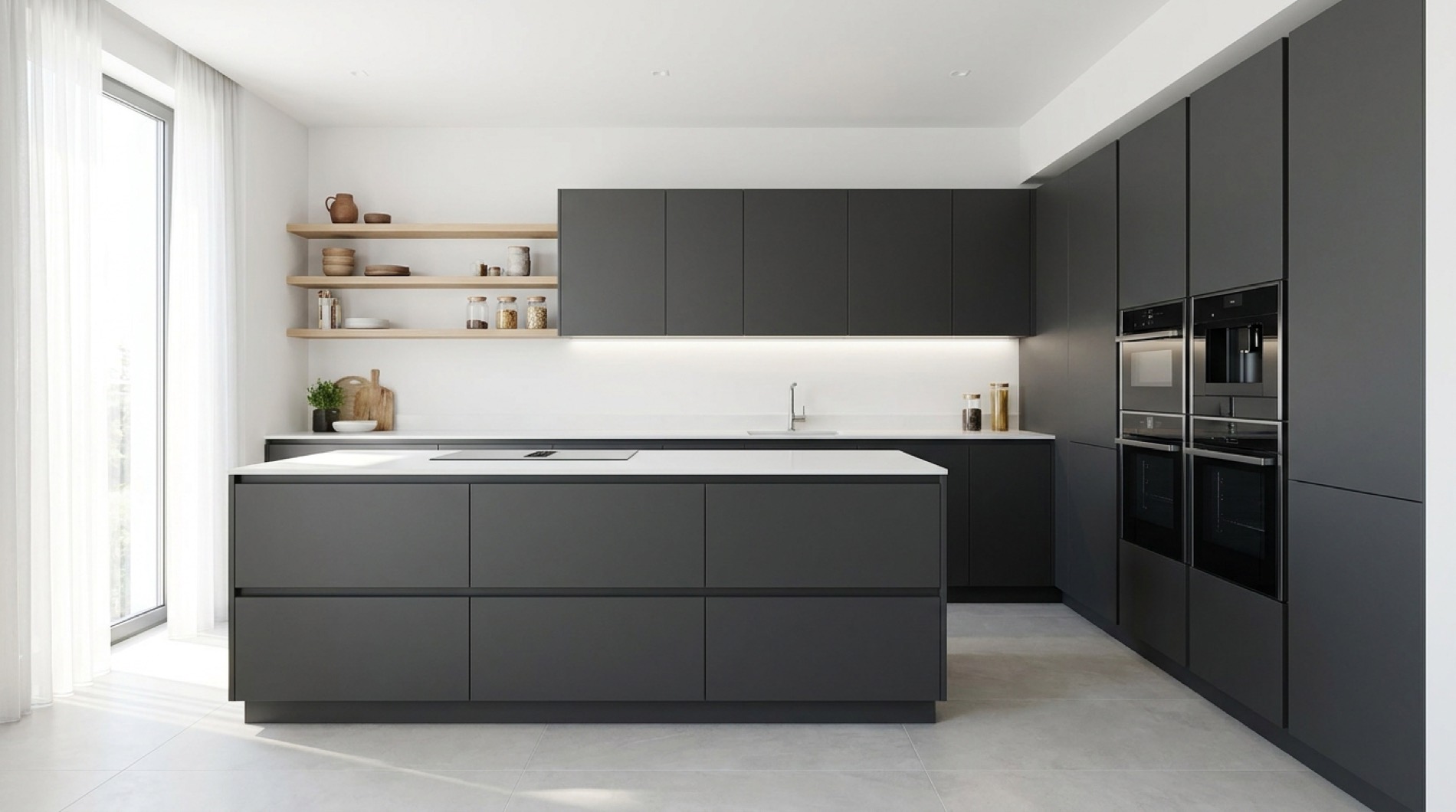 A contemporary handleless kitchen in graphite with flush black-glass appliances and pale oak shelving
