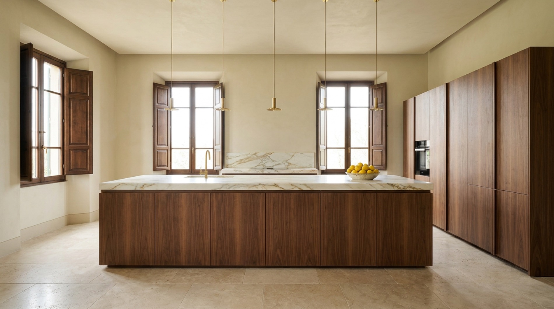 An Italian palazzo kitchen, a walnut island under a single slab of Calacatta marble, brass pendants, shutters folded open
