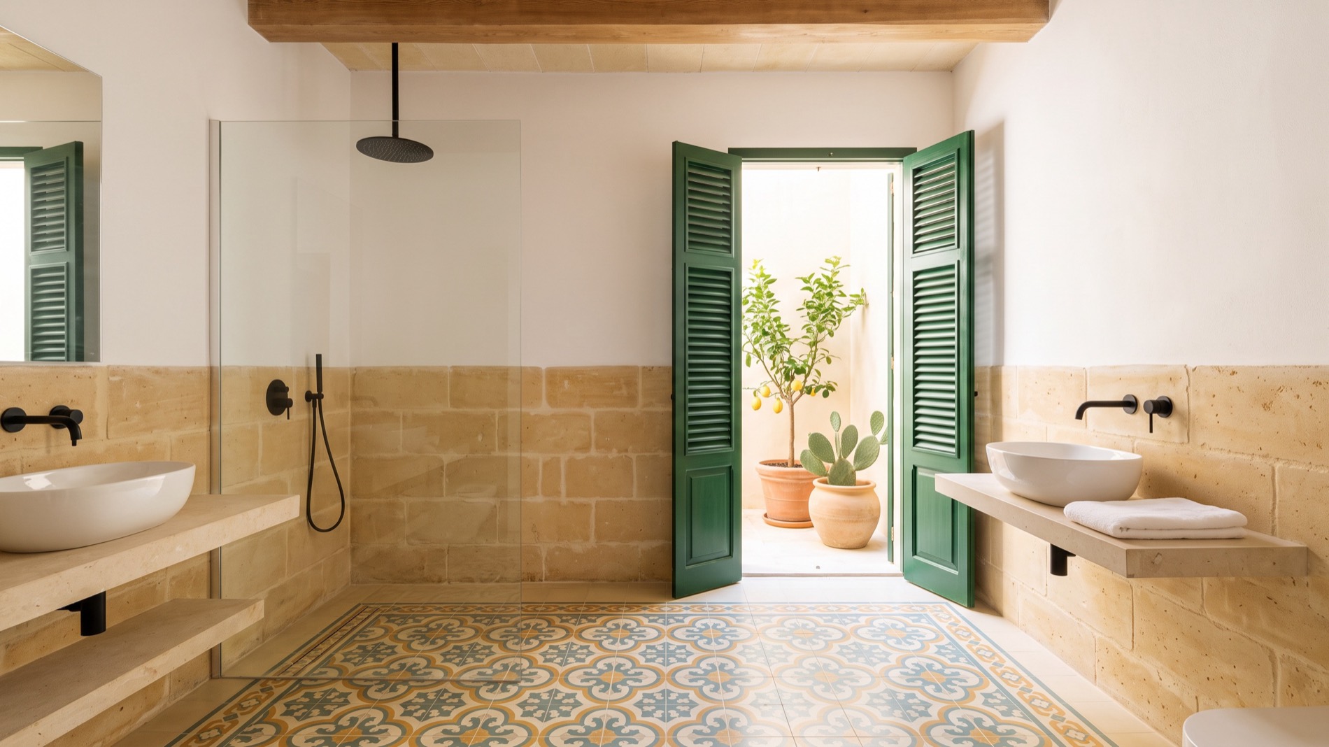 A Maltese townhouse bathroom: patterned encaustic tiles, bare limestone, green shutters open to a courtyard