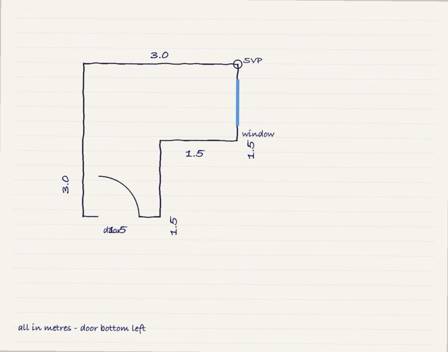 Example paper sketch: an L-shaped room outline with each wall length written beside it in metres, a gap and quarter-circle for the door, a thick line for the window